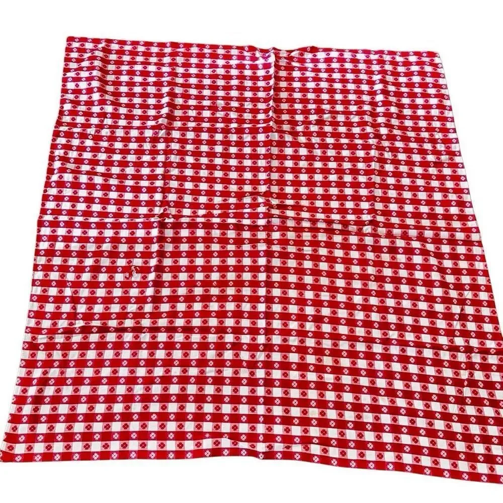 Vintage Cheerful Tablecloth Red White Gingham Flower Plaid See Details